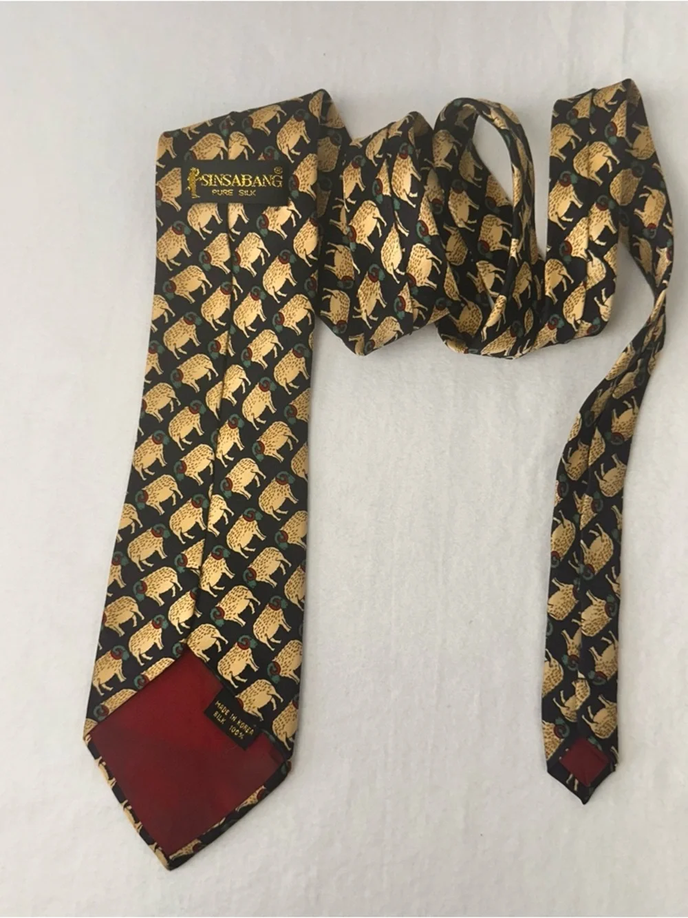 Men's Patterned Black & Gold Wool Tie Ram Sinsabang Tie Vintage Sheep Necktie